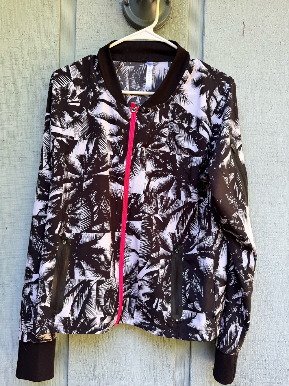Fabletics Black & White Palm-Print Bomber Jacket with Pink Zip